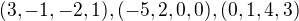 $(3, -1, -2, 1), (-5, 2, 0, 0),(0, 1, 4, 3)$