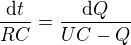 $\frac{\text dt}{RC}=\frac{\text dQ}{UC-Q}$