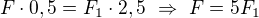 $F\cdot0,5=F_1\cdot2,5\ \Rightarrow\ F=5F_1$