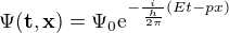 $\Psi (\textbf{t},\textbf{x})=\Psi _{0}\mathrm{e}^{-\frac{i}{\frac{h}{2\pi }}(Et-px)}$