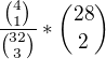 $\frac{{4 \choose 1}}{{32 \choose 3}}*{28 \choose 2}$
