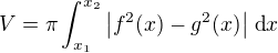 kopírovat do textarea $V=\pi\int_{x_1}^{x_2}\left|f^2(x)-g^2(x)\right|\,\text{d}x$