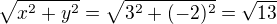 $\sqrt {x^2 + y^2} = \sqrt {3^2 + (-2)^2} = \sqrt {13}$