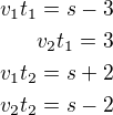 $v_1t_1=s-3\\v_2t_1=3\\v_1t_2=s+2\\v_2t_2=s-2$