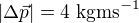 $|\Delta \vec{p}|=4\ \text{kgms}^{-1}$